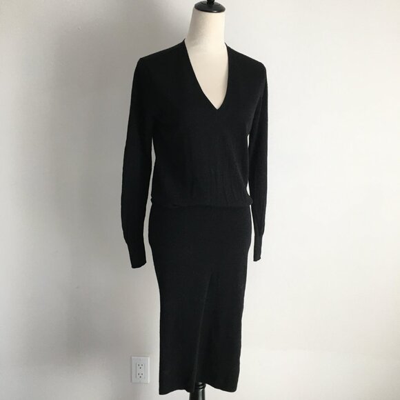 SANDRO Paris Long Sleeve Black 100% Merino Wool Knit Midi-Long Sweater Dress - Picture 1 of 14